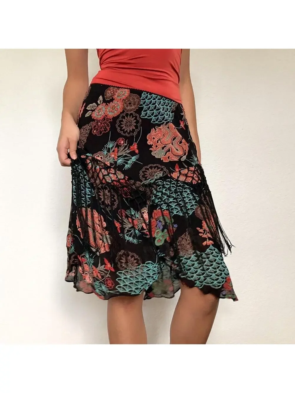 Y2K Lola P. black floral beaded fringe midi skirt